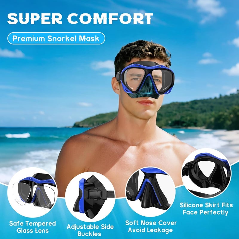 wutrye Snorkeling Gear for Adults, Dry Top Snorkel Mask Set, Diving Scuba Mask, Swimming Goggles with Nose Cover, HD Tempered Glass Panoramic Swim Freediving Anti-Leak Anti-Fog Travel Packages - Image 3